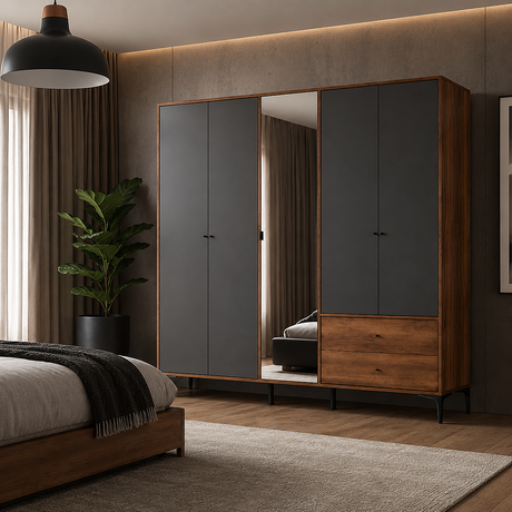 Dulap Haine GRA-752-OA-4 Home Collection® Madrid cu 5 usi, 2 sertare si oglinda, 207x201x51 cm