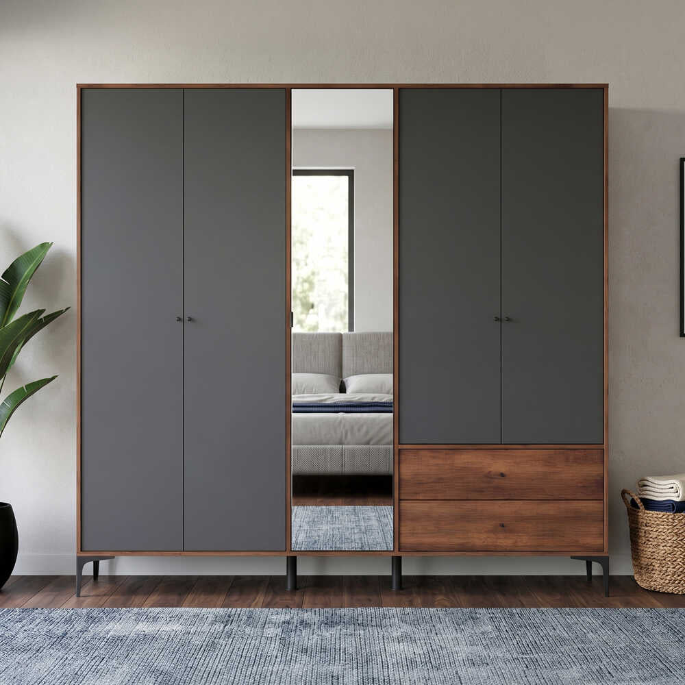 Dulap Haine GRA-752-OA-4 Home Collection® Madrid cu 5 usi, 2 sertare si oglinda, 207x201x51 cm - Nuc - Antracit | SKU: GRA-752-OA-4