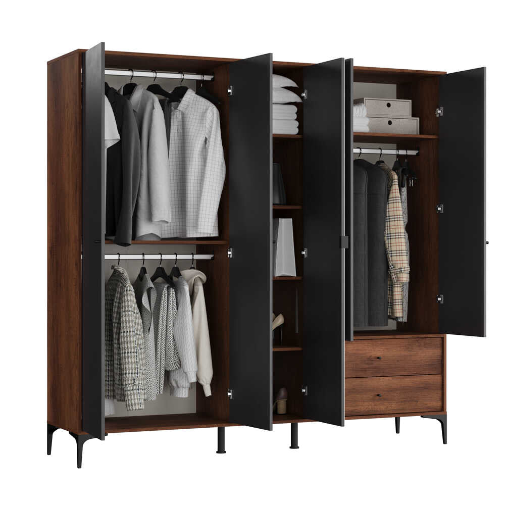 Dulap Haine GRA-752-OA-4 Home Collection® Madrid cu 5 usi, 2 sertare si oglinda, 207x201x51 cm - Nuc - Antracit | SKU: GRA-752-OA-4