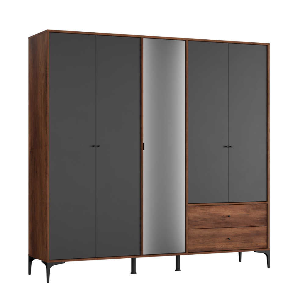 Dulap Haine GRA-752-OA-4 Home Collection® Madrid cu 5 usi, 2 sertare si oglinda, 207x201x51 cm - Nuc - Antracit | SKU: GRA-752-OA-4