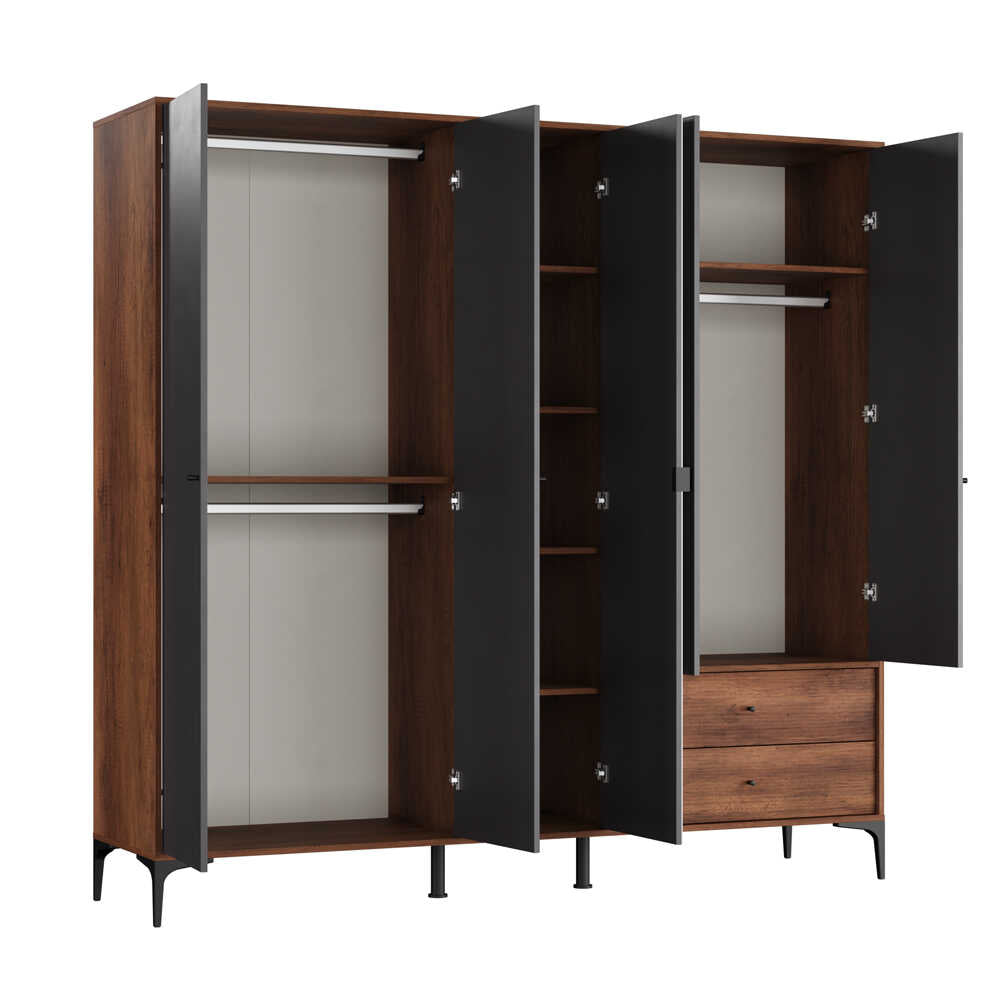Dulap Haine GRA-752-OA-4 Home Collection® Madrid cu 5 usi, 2 sertare si oglinda, 207x201x51 cm - Nuc - Antracit | SKU: GRA-752-OA-4