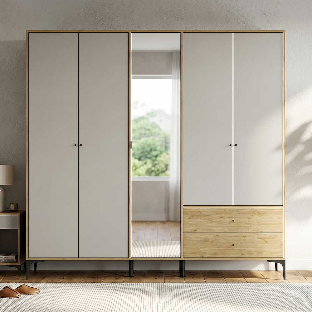 Dulap Haine GRA-752-OA-4 Home Collection® Madrid cu 5 usi, 2 sertare si oglinda, 207x201x51 cm - Stejar - Vizon | SKU: GRA-752-FV-4