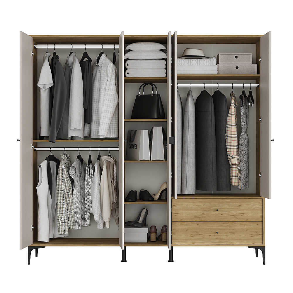 Dulap Haine GRA-752-OA-4 Home Collection® Madrid cu 5 usi, 2 sertare si oglinda, 207x201x51 cm - Stejar - Vizon | SKU: GRA-752-FV-4