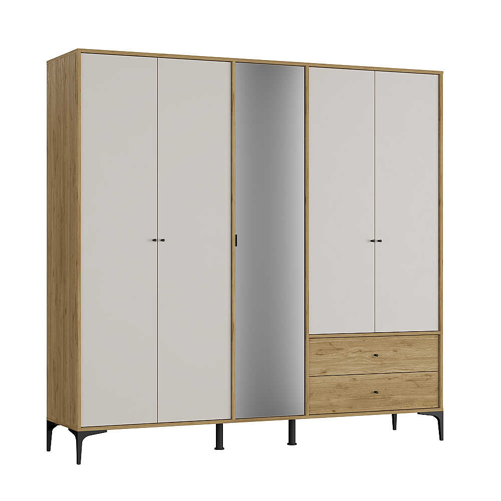 Dulap Haine GRA-752-OA-4 Home Collection® Madrid cu 5 usi, 2 sertare si oglinda, 207x201x51 cm - Stejar - Vizon | SKU: GRA-752-FV-4