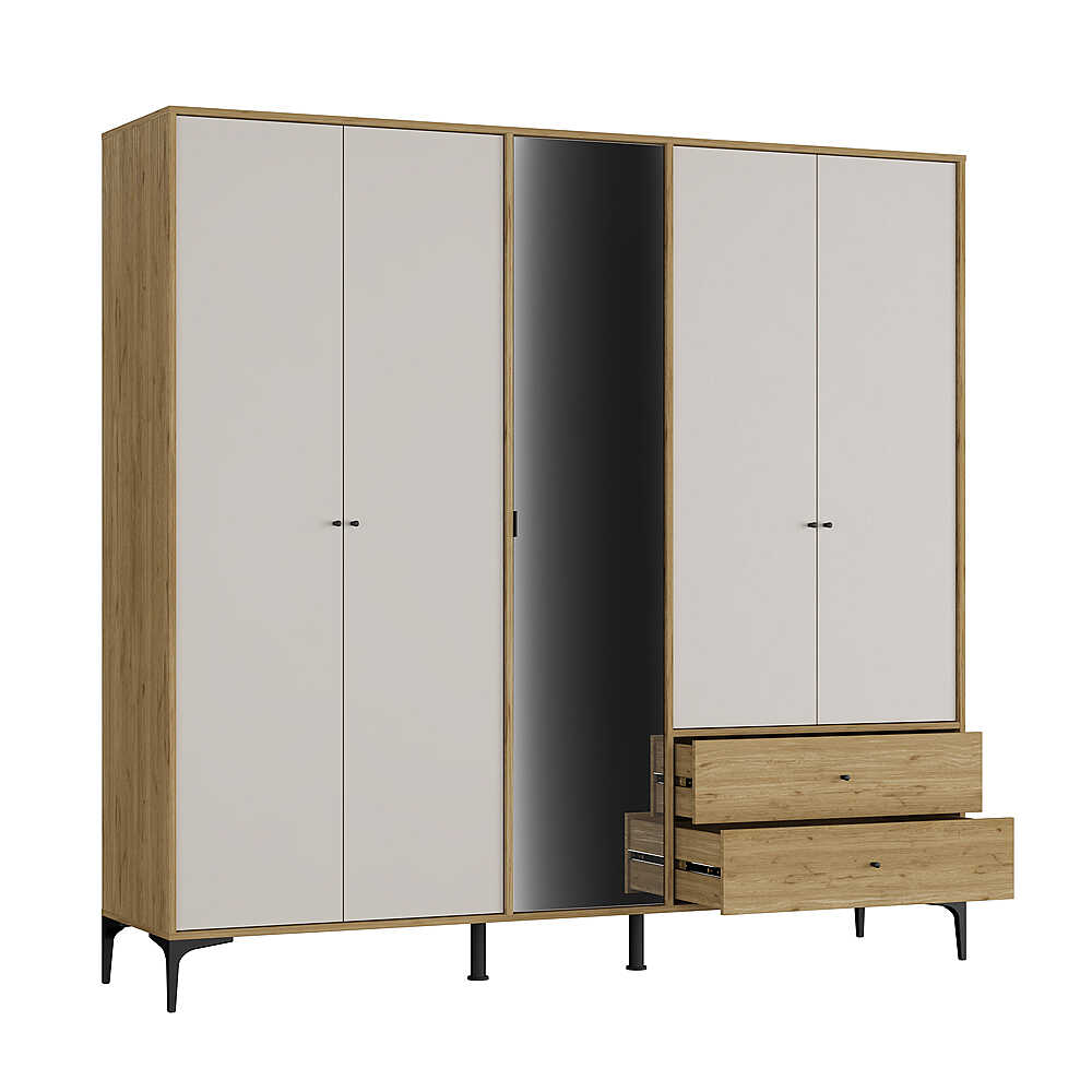 Dulap Haine GRA-752-OA-4 Home Collection® Madrid cu 5 usi, 2 sertare si oglinda, 207x201x51 cm - Stejar - Vizon | SKU: GRA-752-FV-4