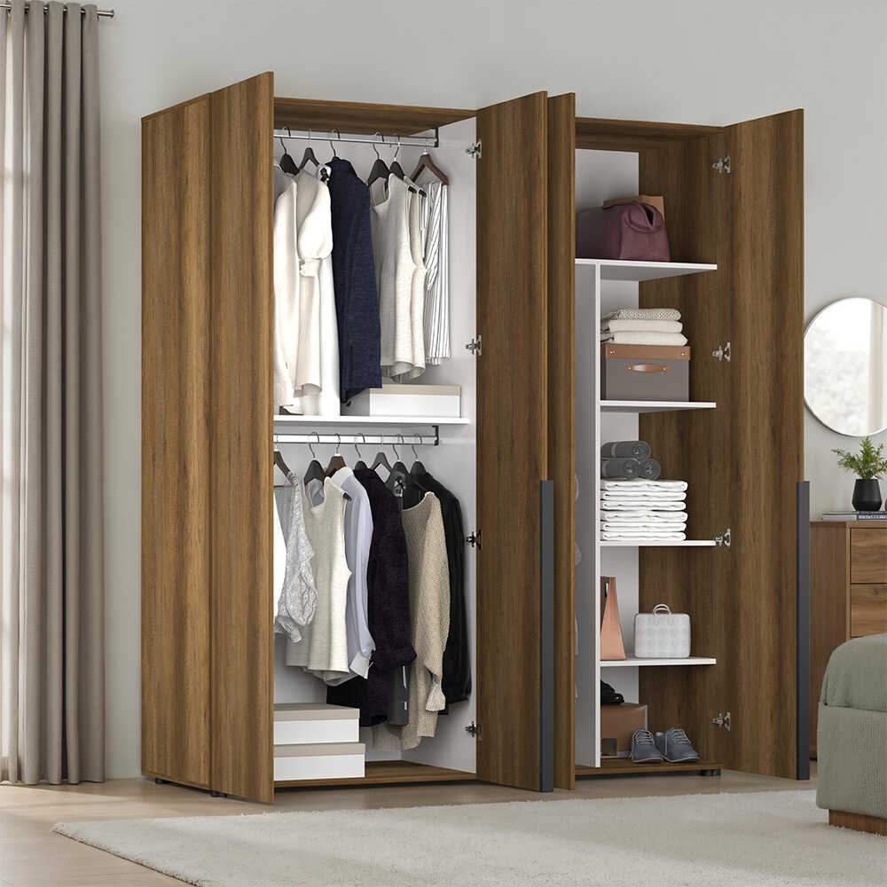 Dulap Haine GRD-1740-DD-3 Home Collection® Oryana cu 4 usi cu rafturi si umerasi, 180x210x62 cm - Nuc | SKU: GRD-1740-DD-3, GRD-1740-OO-3, GRD-1740-FF-3