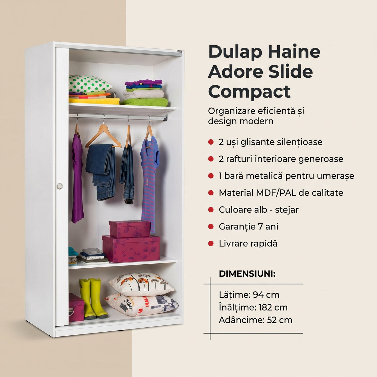 Dulap Haine SWD-402-BB-2 Home Collection® Slide Compact, 2 usi glisante, 94x182x52 cm - Alb | SKU: SWD-402-BB-2, SWD-402-FF-2, SWD-402-SS-2