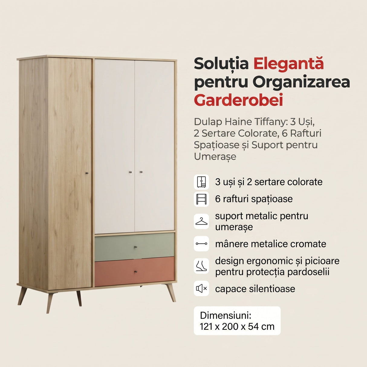 Dulap Haine TGR-933-FX-3 Home Collection® Tiffany, 3 usi, 2 sertare, Multicolor, 121x200x54 cm