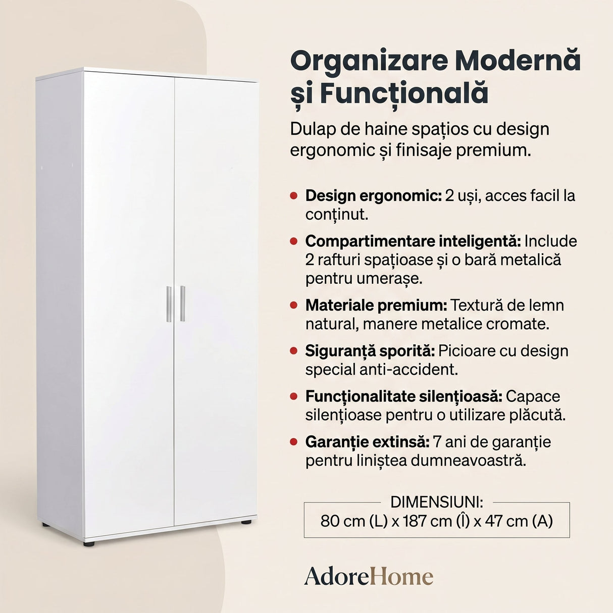 Dulap Haine GRD-320-BB-1 Home Collection® Trendline cu 2 usi si umeras, Alb - Stejar, 80x187x47 cm - Alb | SKU: GRD-320-BB-1, GRD-320-FF-1