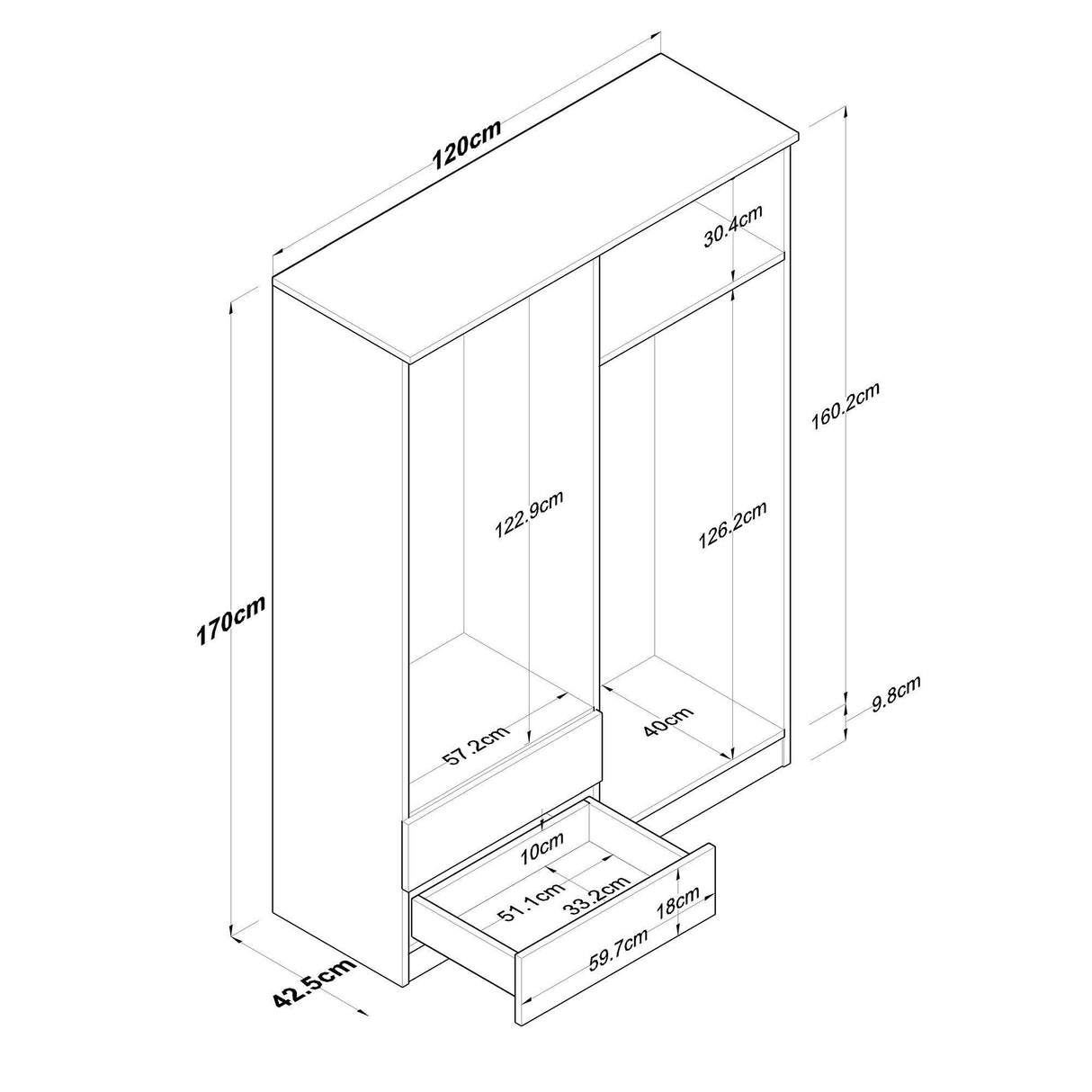Dulap Haine Cedi 4 usi si 2 sertare si 2 bare de umerase, Nuc, 120x170x43 cm