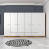 Dulap Haine Dormitor Ema 6 usi si 2 sertare, Alb - Nuc Alb, 243x181x48 cm - Nuc Alb