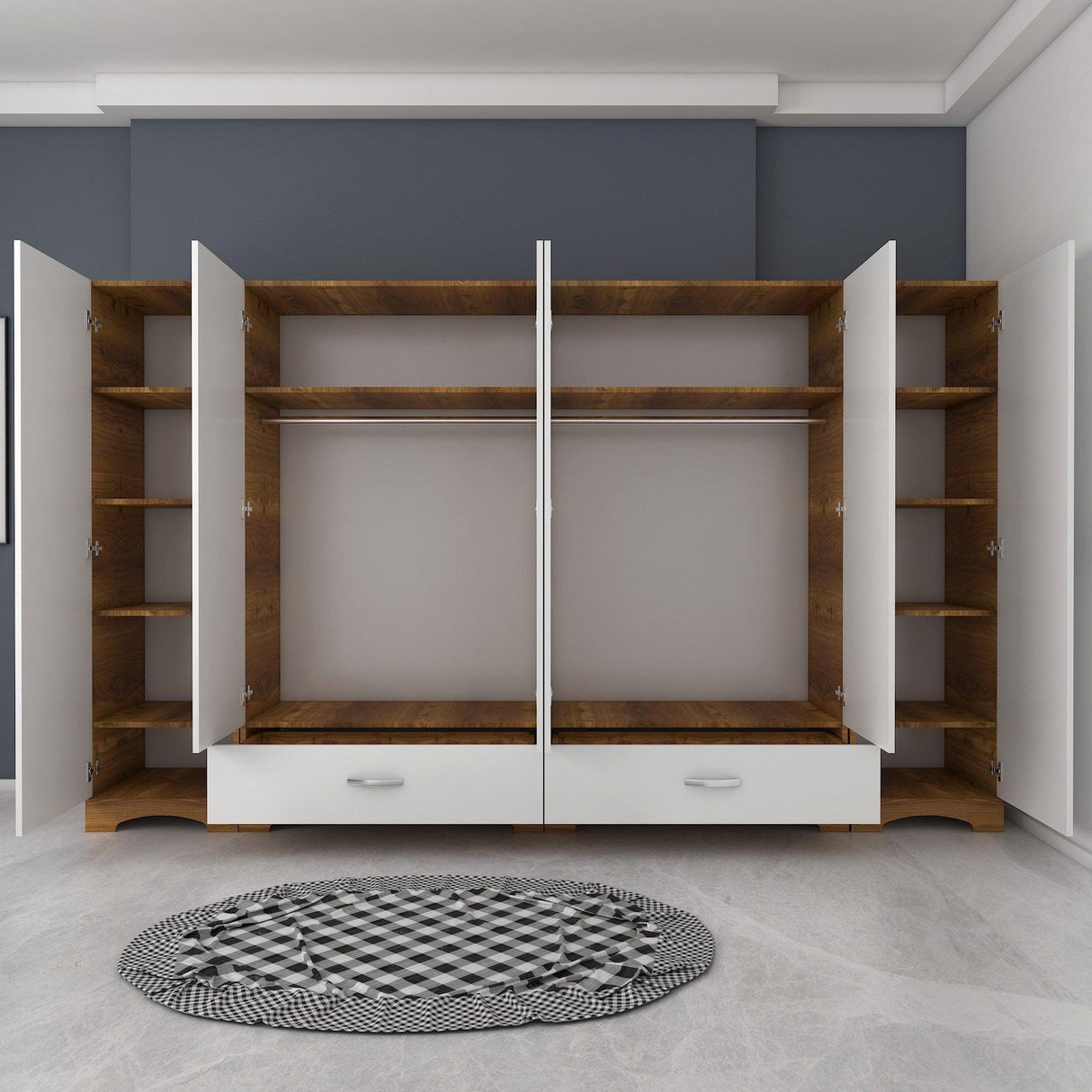 Dulap Haine Dormitor Ema 6 usi si 2 sertare, Alb - Nuc Alb, 243x181x48 cm - Nuc Alb