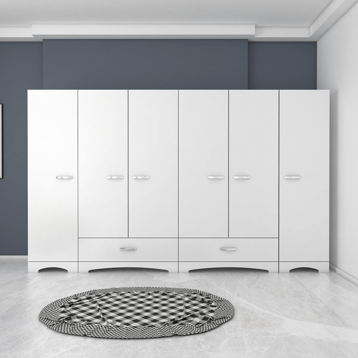 Dulap Haine Dormitor Ema 6 usi si 2 sertare, Alb - Nuc Alb, 243x181x48 cm - Alb