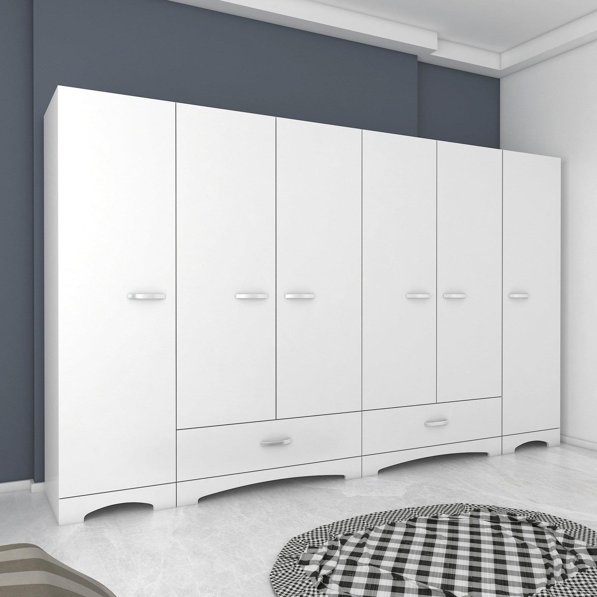 Dulap Haine Dormitor Ema 6 usi si 2 sertare, Alb - Nuc Alb, 243x181x48 cm - Alb