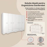 Dulap Haine Dormitor Ema 6 usi si 2 sertare, Alb - Nuc Alb, 243x181x48 cm - Alb