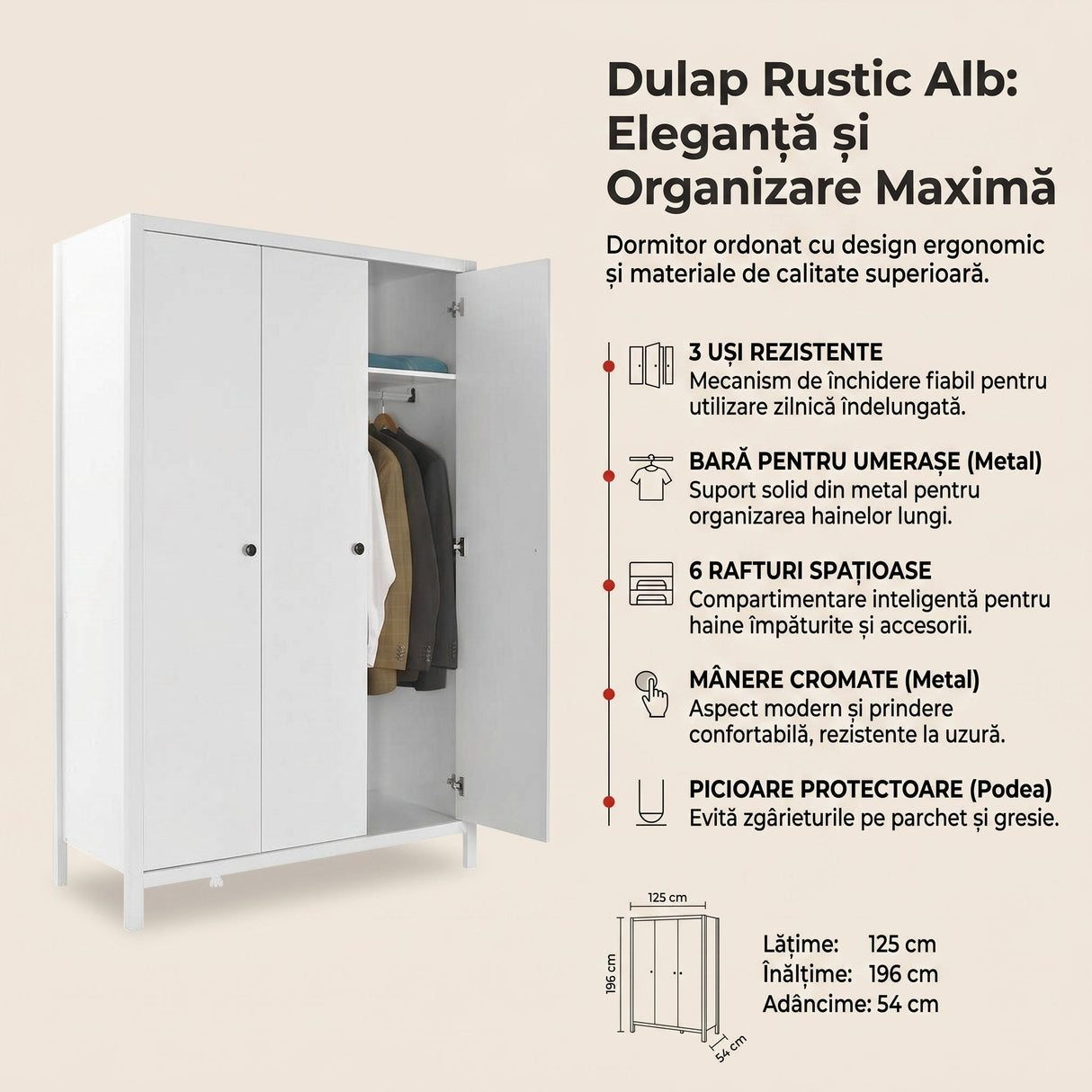 Dulap Haine MDF GRD-993-BB-3 Home Collection® Rustic, cu 3 usi si umarase, 6 rafturi, Alb, 125x196x54 cm