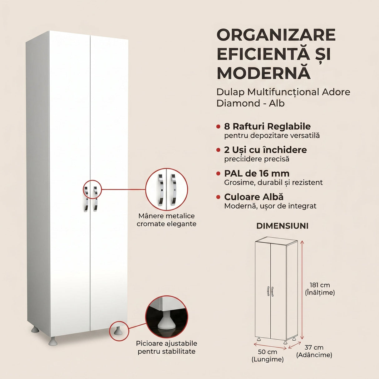 Dulap multifunctional A2622 Home Collection® Diamond, 8 rafturi, 2 Usi, Alb, 50x181x37 cm