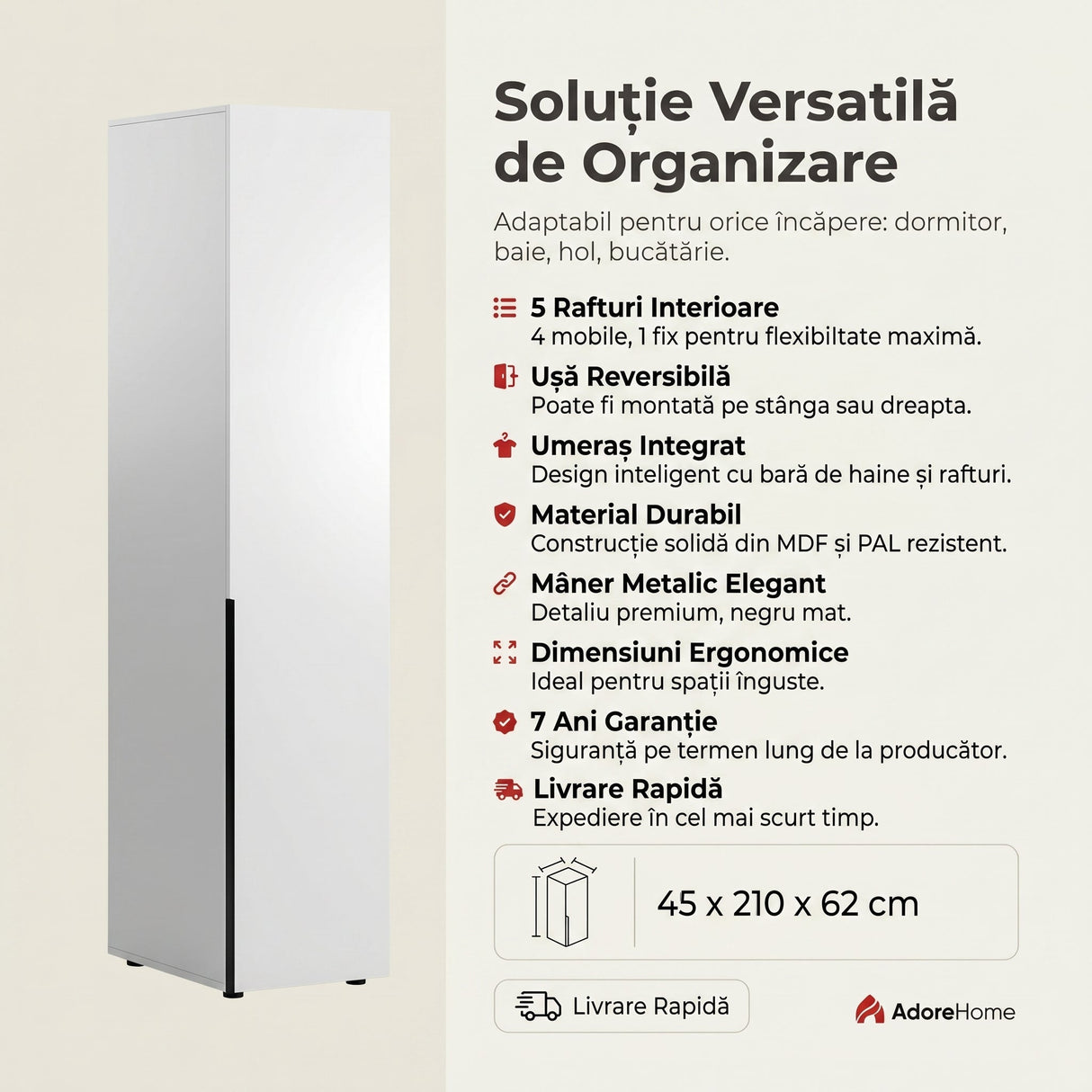 Dulap Multifunctional GRD-1710-DD-1 Home Collection® Oryana, 5 rafturi si umeras, usa reversibila, Alb - Nuc, 45x210x62 cm - Alb | SKU: GRD-1710-DD-1, GRD-1710-OO-1
