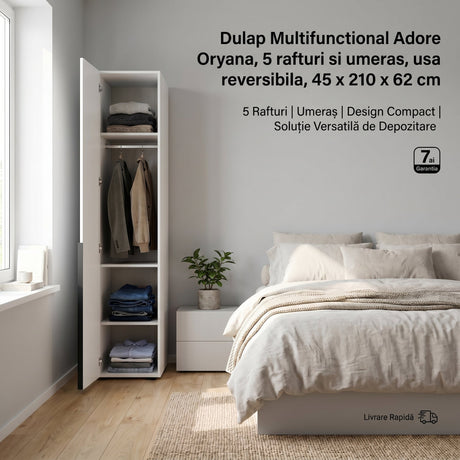 Dulap Multifunctional GRD-1710-DD-1 Home Collection® Oryana, 5 rafturi si umeras, usa reversibila, Alb - Nuc, 45x210x62 cm