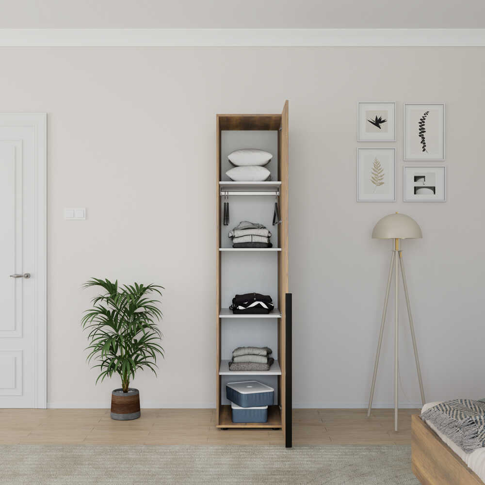 Dulap Multifunctional GRD-1710-DD-1 Home Collection® Oryana, 5 rafturi si umeras, usa reversibila, Alb - Nuc, 45x210x62 cm - Nuc | SKU: GRD-1710-DD-1, GRD-1710-OO-1
