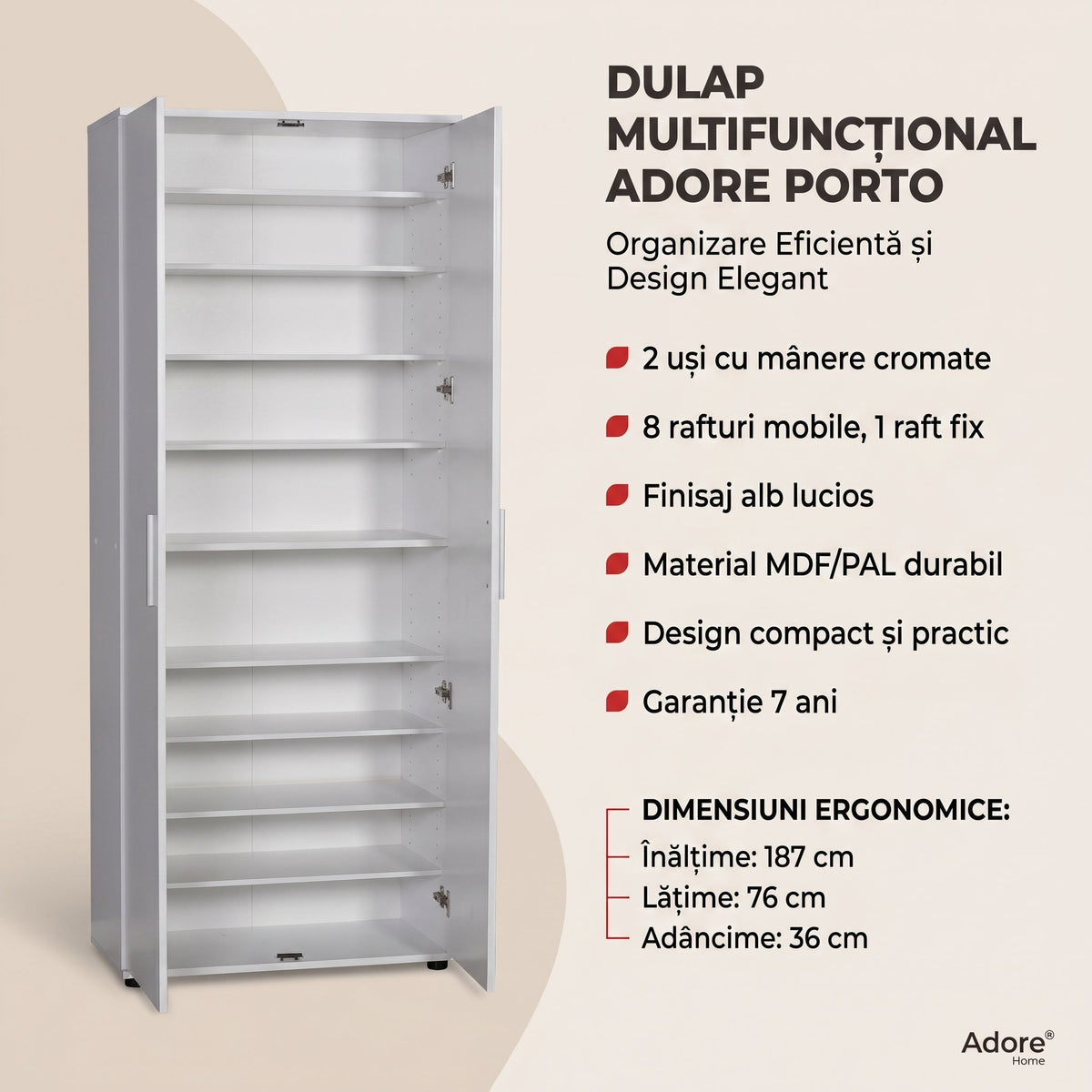 Dulap Multifunctional Adore Porto, 2 usi, 8 rafturi, Alb, 76x187x36 cm, perspectiva suplimentara | SKU: SHC-529-BB-2