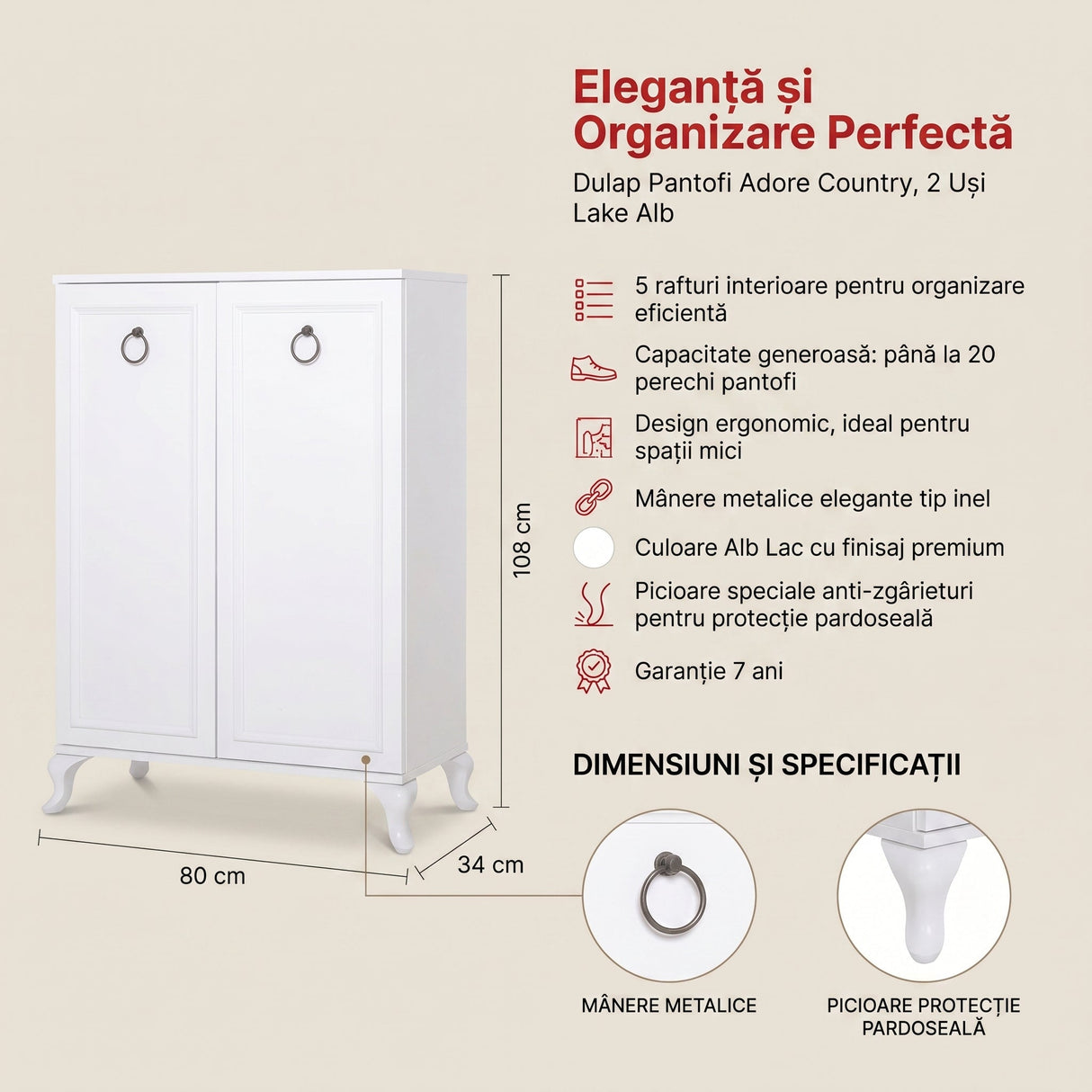 Dulap Pantofi SHC-1020-DD-1 Home Collection® Country, 2 usi Lake Alb, 5 rafturi, 80x108x34 cm