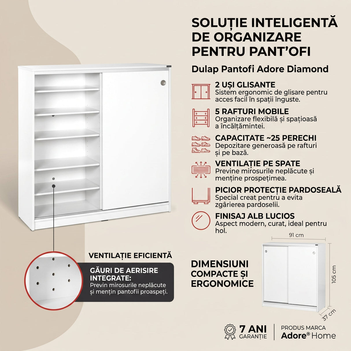 Dulap Pantofi ADR-322-BB-1 Home Collection® Diamond, 2 usi glisante, 5 rafturi, Alb - Natur, 91x105x37 cm - Alb | SKU: ADR-322-BB-1, ADR-322-SS-1