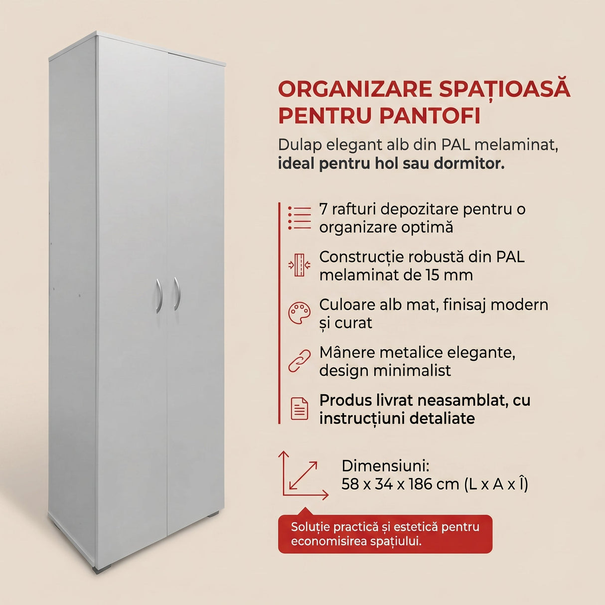 Dulap pantofi cu functie organizare Racka, Lemn, Diverse culori, 58x34x186 cm - Alb