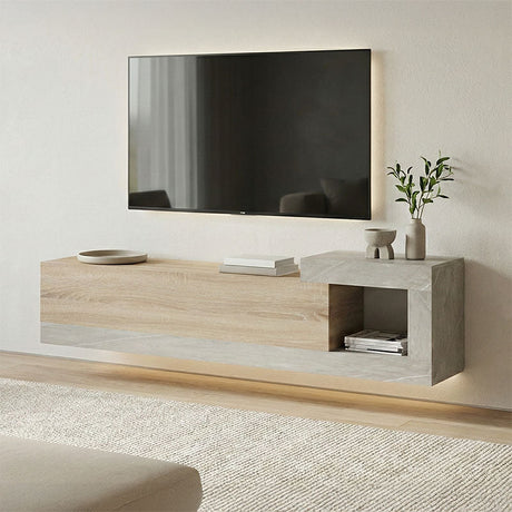 Dulap TV montat pe perete cu aspect de marmură sonoma-gri-bej Flato, 150x29x38 cm
