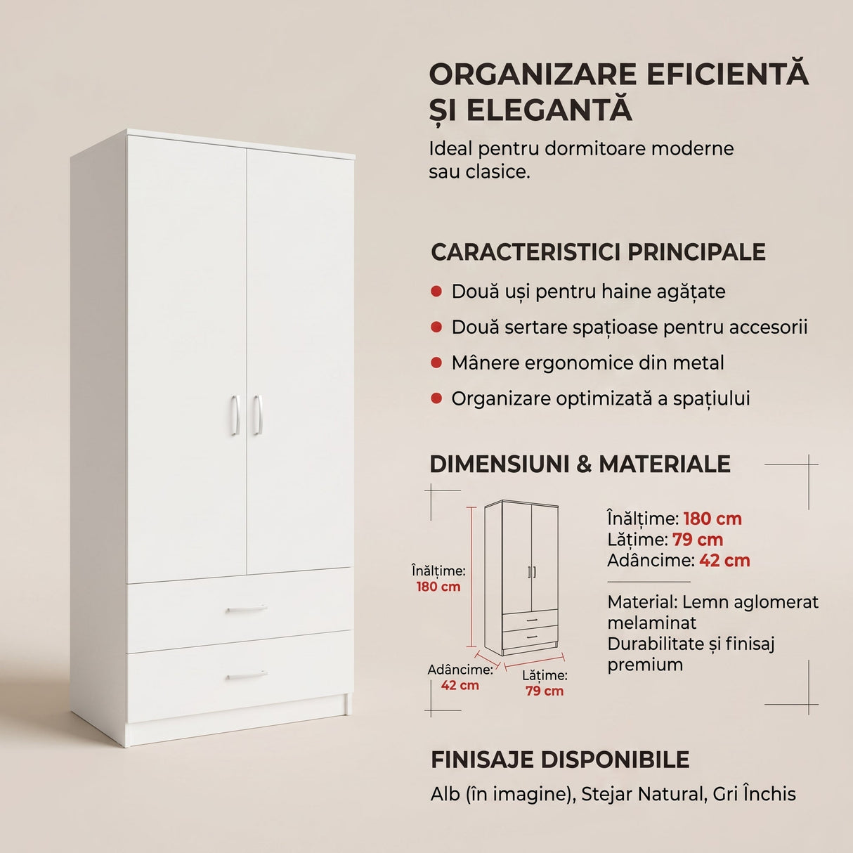 Dulap Zelia cu 2 usi si sertare, 79x42x180 cm - Alb