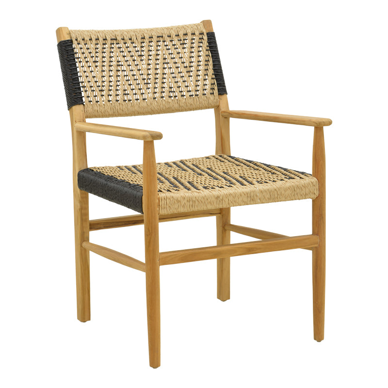Fotoliu cu cadru din lemn de teak Fermilo, frânghie PE, negru-natur, 55x67x86 cm