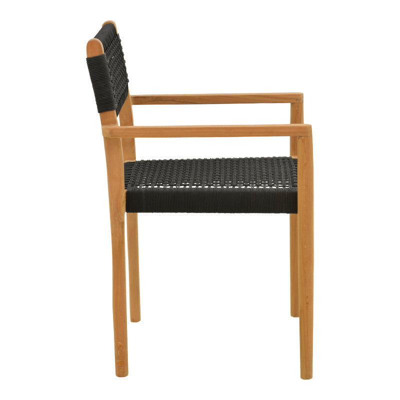 Fotoliu cu structură din lemn de teak, șnur, negru, 54x52x80 cm