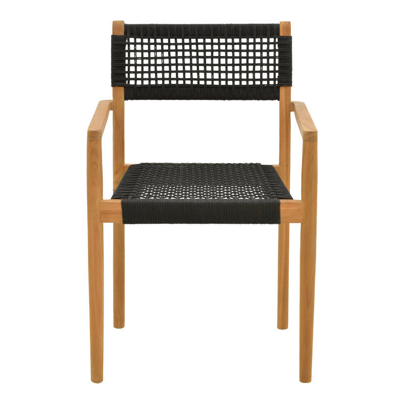 Fotoliu cu structură din lemn de teak, șnur, negru, 54x52x80 cm