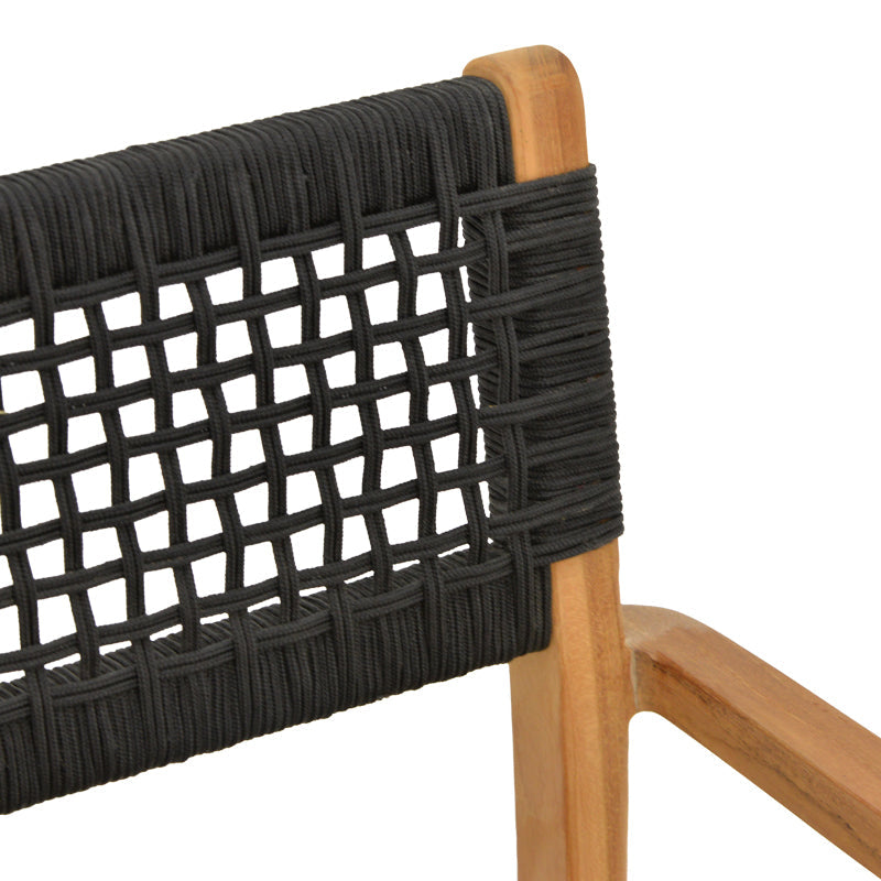 Fotoliu cu structură din lemn de teak, șnur, negru, 54x52x80 cm
