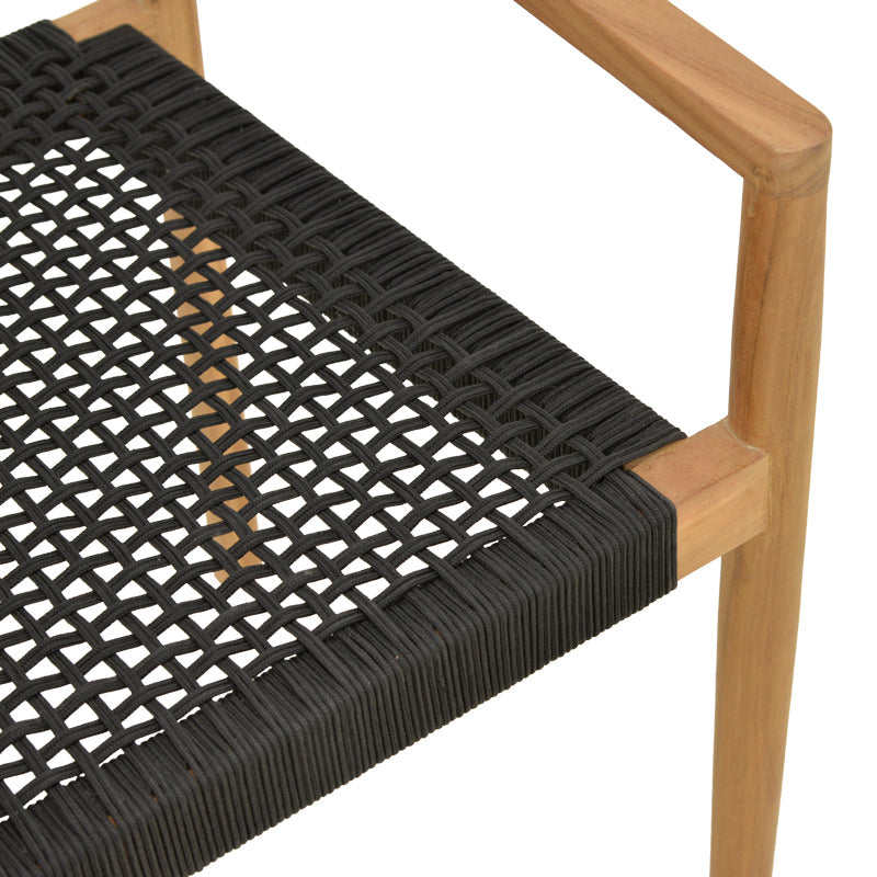 Fotoliu cu structură din lemn de teak, șnur, negru, 54x52x80 cm