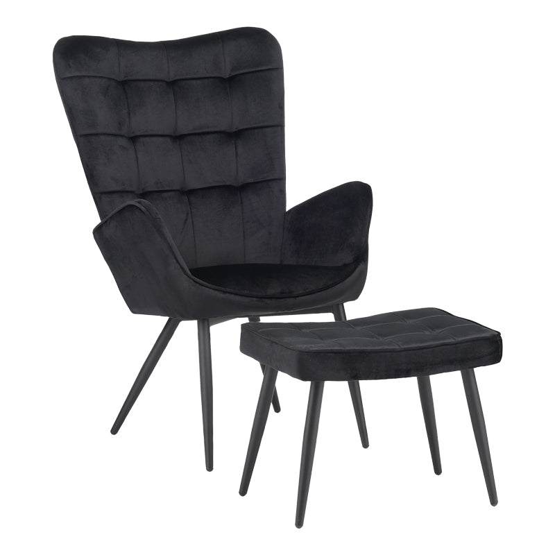 Fotoliu cu taburet Dorita catifea, neagra, 68x76x103 cm