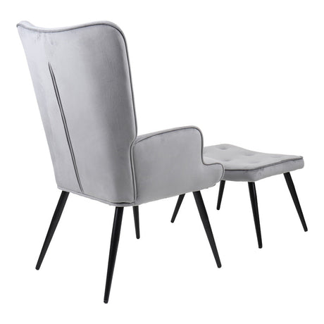 Fotoliu cu taburet Siella, catifea gri, picioare metal, negru, 59x67x94 cm
