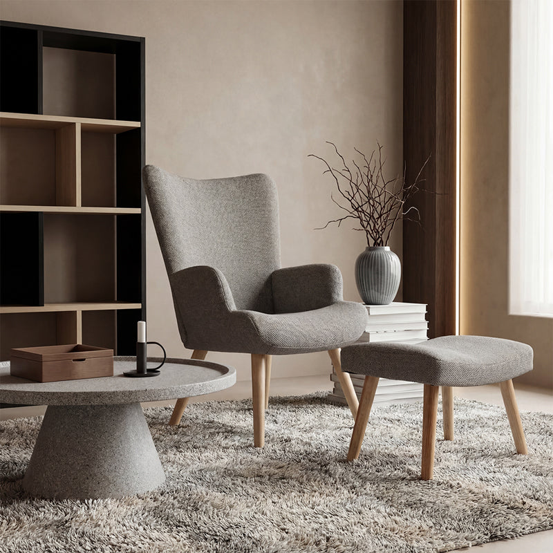 Fotoliu cu taburet Gerlina, Picioare lemn natural, Diverse culori, 71x64x94 cm - Gri deschis