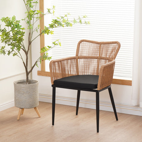 Fotoliu Naoki pe rattan - metal cu finisaj Natural si picioare/perna, negre, 59x62x78 cm