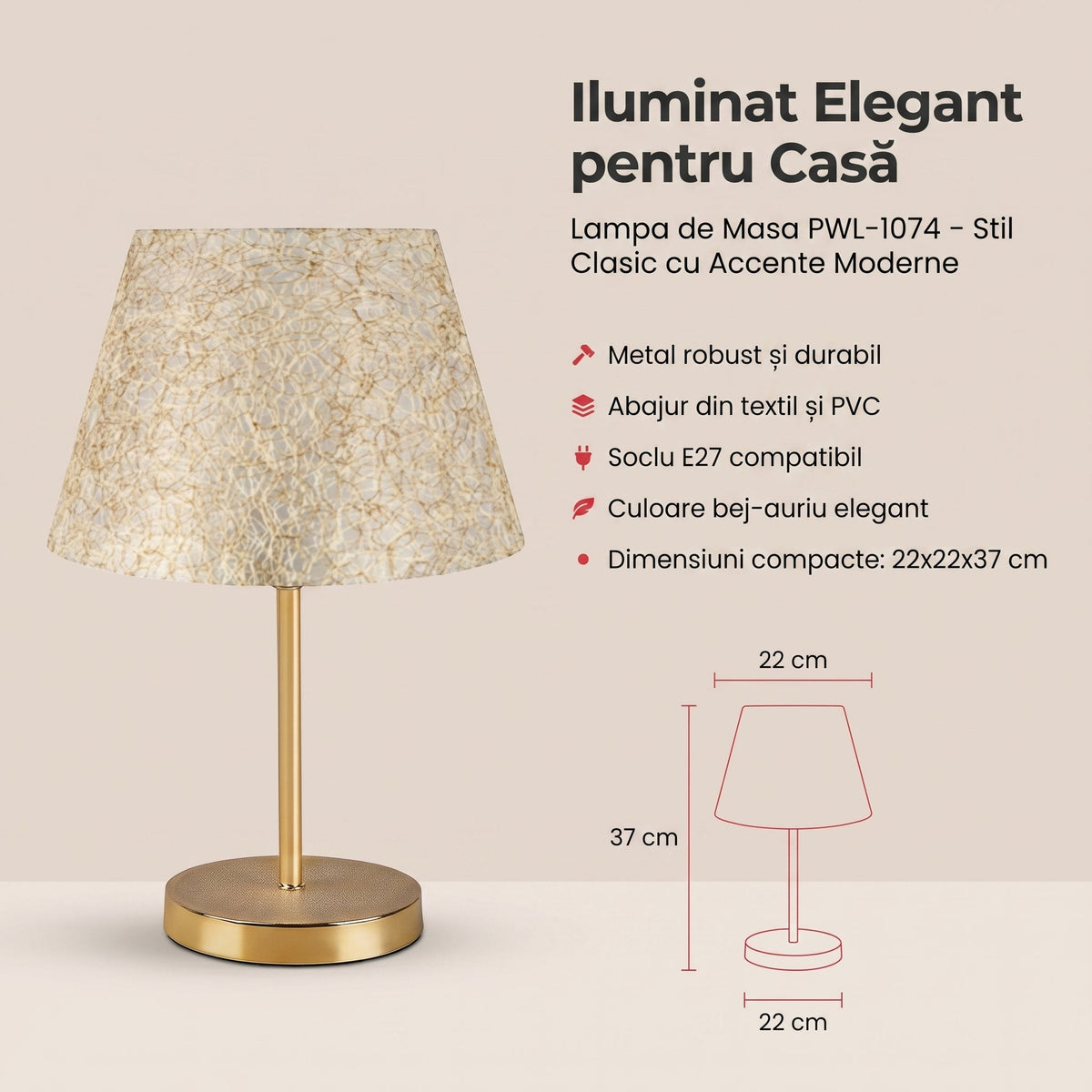 Lampa de Masa PWL-1074, bej-auriu, D22x37 cm, detaliu produs
