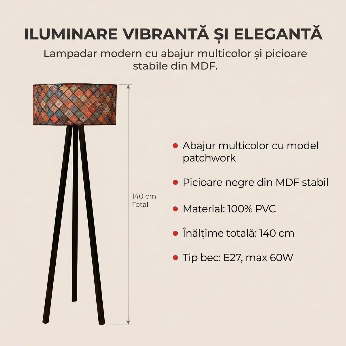 Lampadar Cooper, Multicolor, 38x38x140 cm, detaliu produs