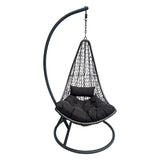 Leagăn tip cuib cu bază Soleil, metal negru, ratan natural, pernă, neagră, 120x95x195 cm