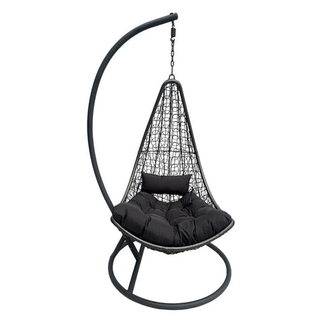 Leagăn tip cuib cu bază Soleil, metal negru, ratan natural, pernă, neagră, 120x95x195 cm