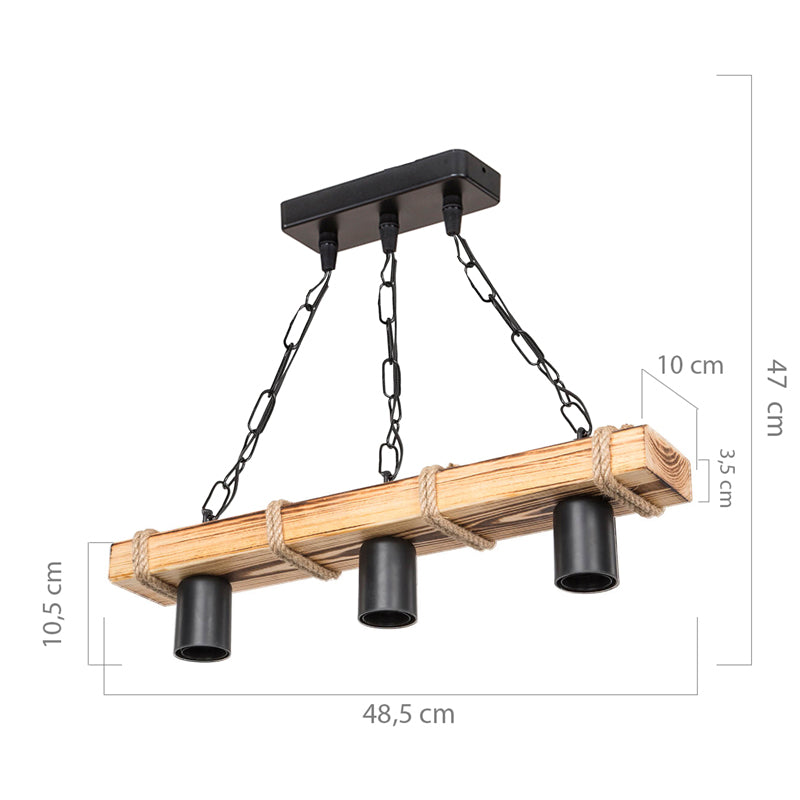 Lustra cu trei lumini PWL-1027, E27, Natural-negru, 49x10x47 cm, foto produs