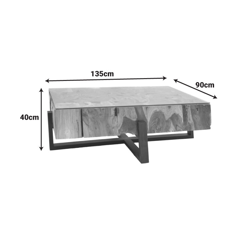 Masă de cafea cu funcție Borth, Lemn Teak, Natur, 135x90x40 cm