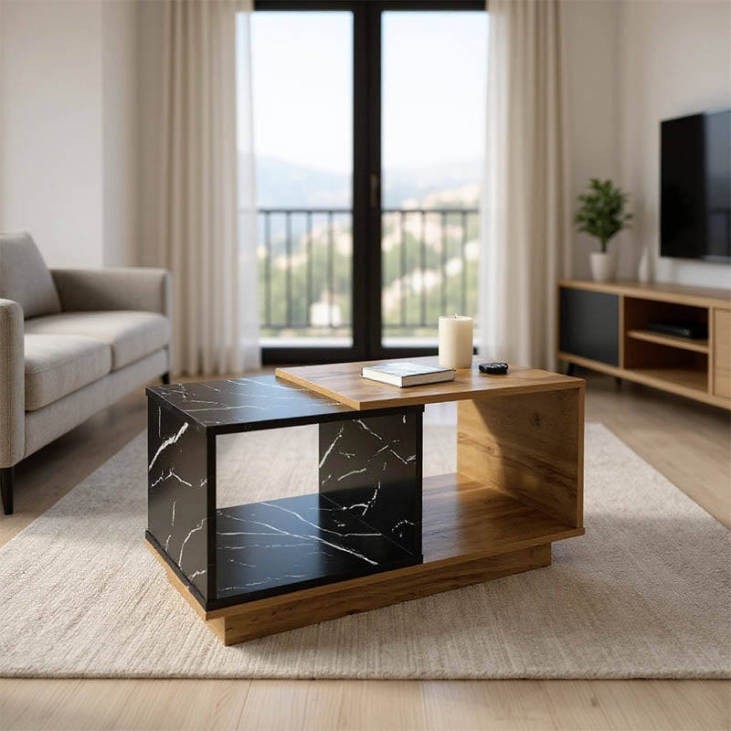 Masa de cafea eleganta Fetix, marmura neagra, lemn, 90x45x45 cm