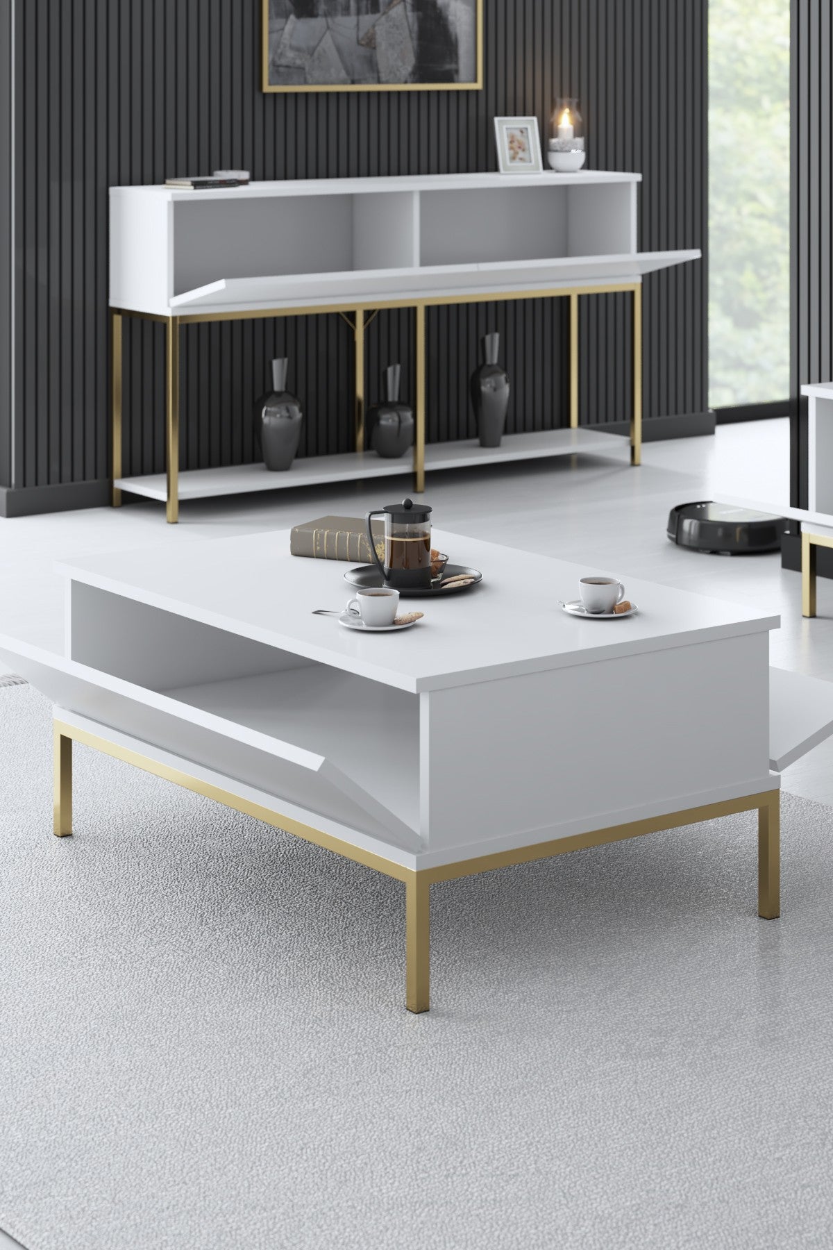 Masă de cafea Lord Bexley, alb - negru - alb - auriu - alb - argintiu, 90x60x40 cm - White Gold