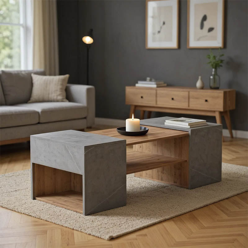 Masa de cafea polimorfa Morfi, 3 bucati, de marmura stejar-bej, 105x45x37 cm