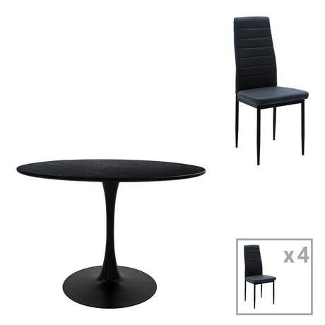 Masă de sufragerie cu scaune set 5 piese Balou-Parker, Negru-Antracit, Lemn/metal, 100x73 cm