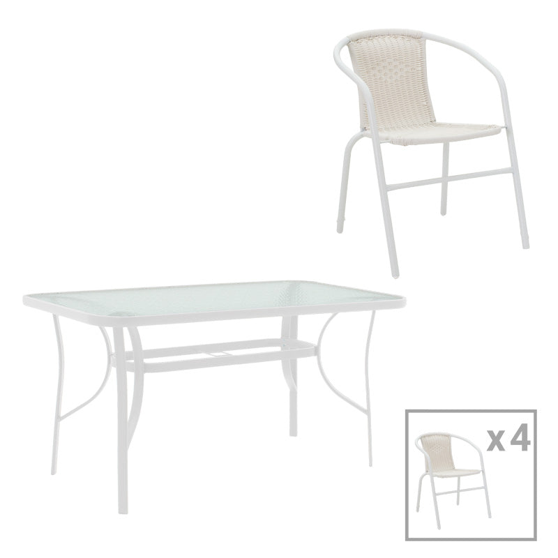 Masă de sufragerie cu scaune set 5 piese Obbi-Ensure, metal-Sticla, Alb, 120x70x70 cm